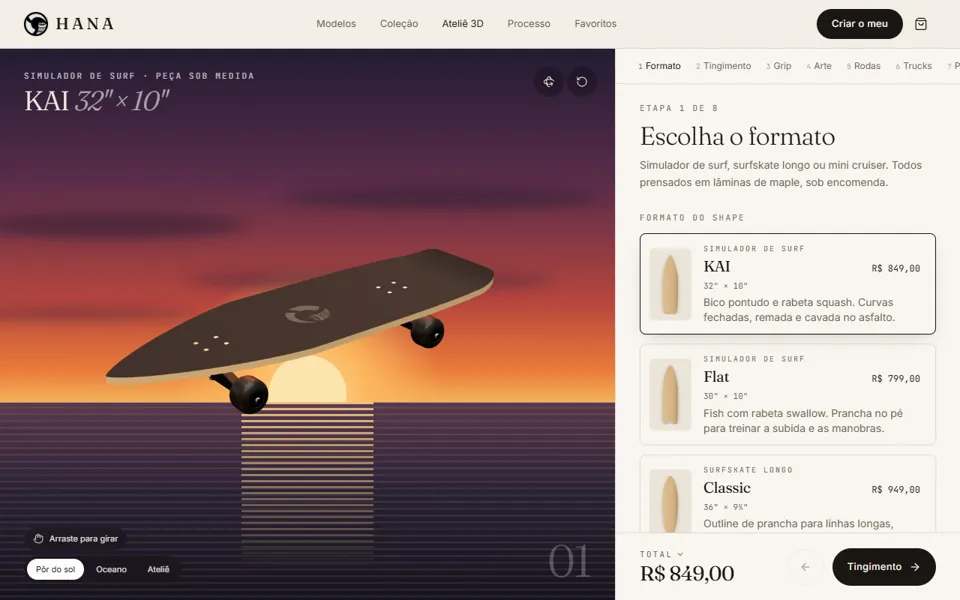 Personalizador: escolha do formato do shape com preço atualizado